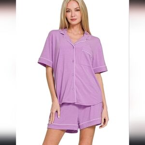 Zenana Outfitters Lavender V Neck Button Down Relaxed Pajama Set Boutique